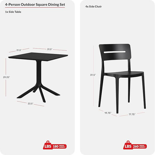 Costaelm 5-Piece Outdoor Dining Set, HDPE Patio Square Bistro Table and Stackable Chairs Sets for 4, Patio Furniture All Weather for Backyard Poolside, White