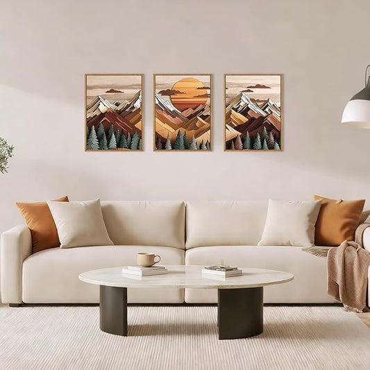 KAIRNE Woodcut Style Mountain Framed Canvas Wall Art Set,Wooden Pine Tree Wall Decor,Vintage Forest Landscape Art Prints,Nature Sunrise Artwork for Living Room,Bedroom,Farmhouse,Office-12 x16 x3