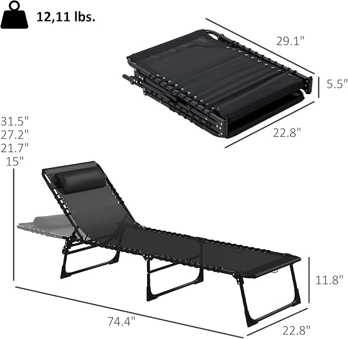 Outsunny Folding Chaise Lounge Chair Outdoor Set of 2 Mesh Seat Black | Foldable, Sun Tanning Chair, Chaise Lounger, 4-Position Reclining Back, for Outside Patio Beach Poolside Backyard