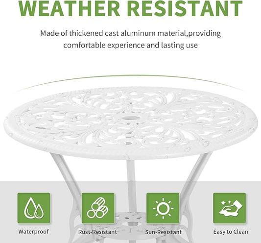 3 Piece Patio Set Outdoor Cast Aluminum Patio Bistro Table and Chairs Set of 2,All Weather Outdoor Bistro Sets with 1.97" Umbrella Hole for Front Porch Set,Garden(White)