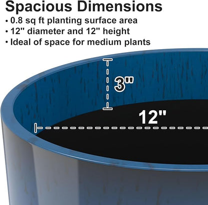 GameXcel Flower Pot Indoor - Outdoor Plant Pot - Navy Blue Glossy Planter - Elegant Ceramics Imitation - 12" Diameter 12" Tall with Drainage Holes and Saucer