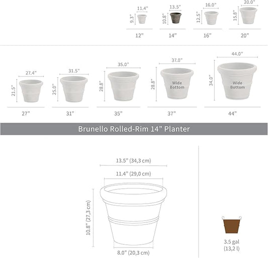 Crescent Garden Brunello Small Classic Rolled Rim Planter, Indoor/Outdoor Plastic Round Pot - Traditional Planter for Herbs, Plants, Houseplant -14''W (Terracotta-Color)