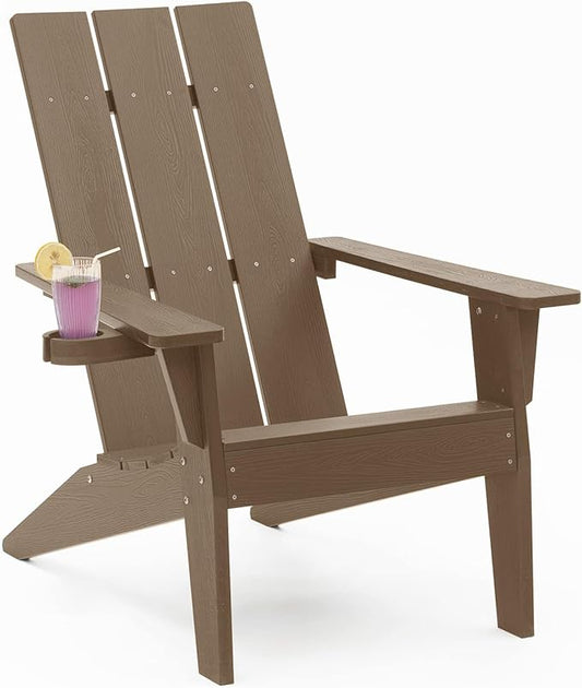 MXIMU Modern Adirondack Chair Weather Resistant with Cup Holder Oversized Fire Pit Chairs Adorondic Plastic Outdoor Chairs for Firepit Area Seating (Teak)