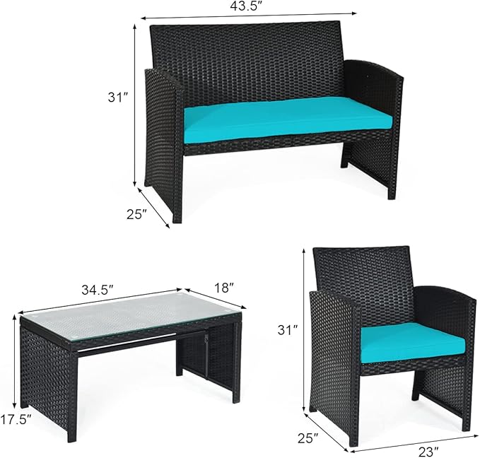 COSTWAY 4 Pieces Patio Rattan Furniture Set, Outdoor Wicker Conversation Set with Soft Cushions & Tempered Glass Coffee Table, Cushioned Chair Sofa for Backyard, Porch, Lawn, Garden, Turquoise