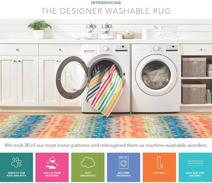 Dash and Albert Nimes Ticking Machine Washable Area Rug - 4' x 6' Neutral Stripe Washable Accent Rug - Durable, High Traffic Areas Kitchen, Mudroom, Hallways