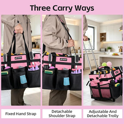 Large Rolling Cleaning Caddy Bag with Wheels, with Detachable Trolley, Cleaning Bags on Wheels for Housekeepers, Cleaning Cart Supplies Organizer for Home, Car, Picnic (Pink)