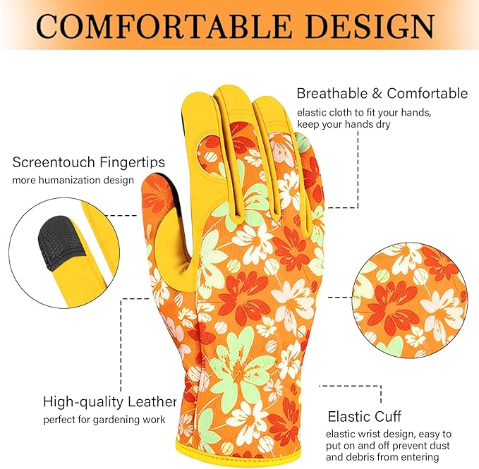 Leather Gardening Gloves for Women Thorn Proof Garden Gloves Touch Screen Working Gloves Gifts,M