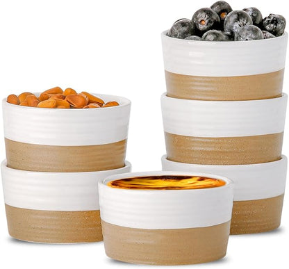 Hasense Ceramic Ramekins Set of 6, 3 Oz Oven Safe Mini Bowls, Farmhouse White Ramekins for Creme Brulee, Souffle, Custard & Dipping Sauces, Kitchen Decor