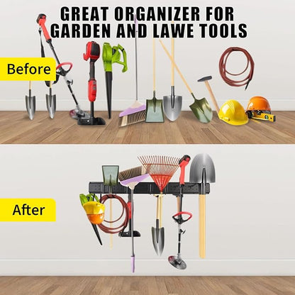 Garvee Garage Tool Organizer Wall Mount, 64 Inch Heavy Duty Garden Tool Storage Organization with 12 Adjustable Hooks, 16 Pack Yard shed Tool Organizer System for Shovel Rake Broom Ladders