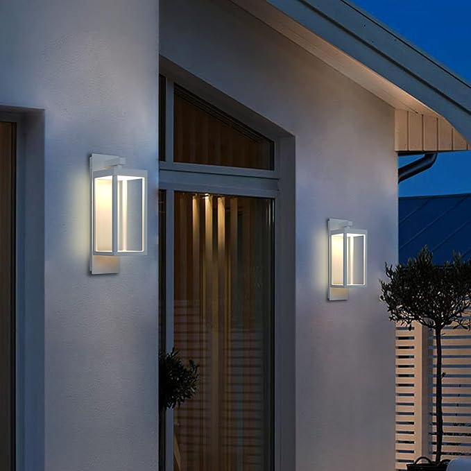 Outdoor Wall Light Lantern 2 Pack LED White Modern Exterior Light Fixture with Clear Glass 13W Anti-Rust IP54 Waterproof Front Porch Light