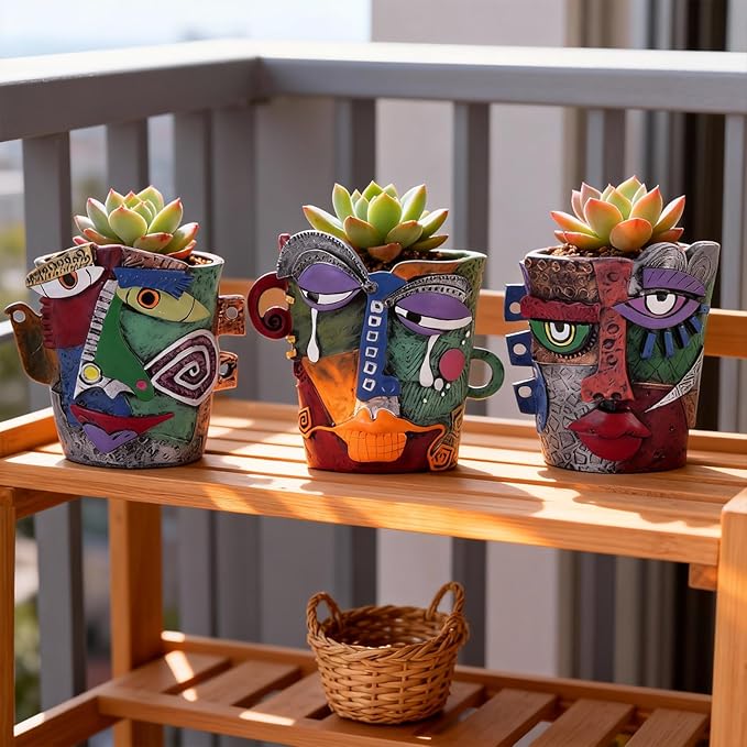 Mini Abstract Face Planter – Small Picasso-Inspired Resin Planter for Succulents, Cacti & Small Plants, Whimsical Decorative Head Planter for Indoor & Outdoor Garden