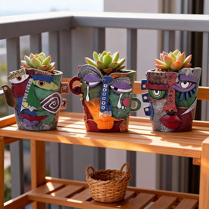 Mini Abstract Face Planter – Small Picasso-Inspired Resin Planter for Succulents, Cacti & Small Plants, Whimsical Decorative Head Planter for Indoor & Outdoor Garden
