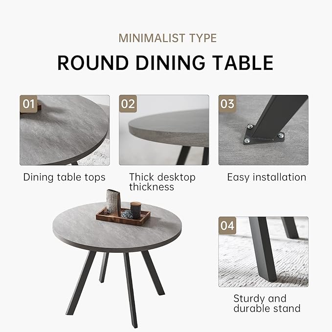 34.6'' Round Dining Table and Chairs for 4, Mid Century Modern Round Table Set, Space Saving for Apartment Kitchen Dining Room (Grey Table+4 White Chairs)