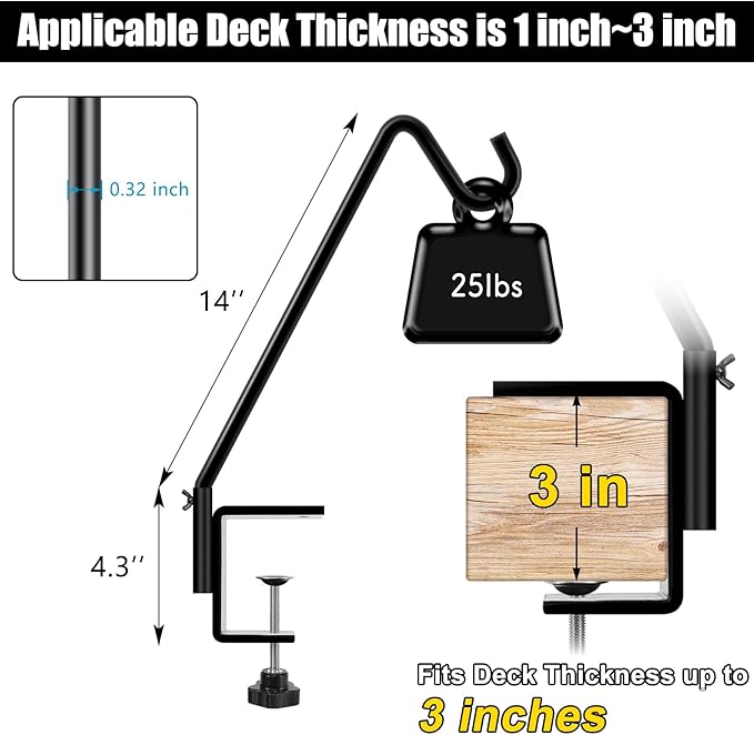 FEED GARDEN 2 Pack 14 Inch Deck Hook, Deck Bird Feeder Hanger, Applicable Deck Thickness 1 Inch-3 Inch
