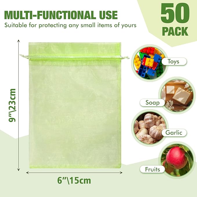50 Pcs Drawstring Fruit Protection Bags, 6×9 Inch Green Mesh Fruit Net Covers, Anti-Bird Anti-Insect Garden Protective Bags for Fruit Tree, Tomato, Strawberry, Apple, Cherry, Grapes and Vegetables