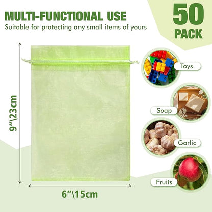 50 Pcs Drawstring Fruit Protection Bags, 6×9 Inch Green Mesh Fruit Net Covers, Anti-Bird Anti-Insect Garden Protective Bags for Fruit Tree, Tomato, Strawberry, Apple, Cherry, Grapes and Vegetables
