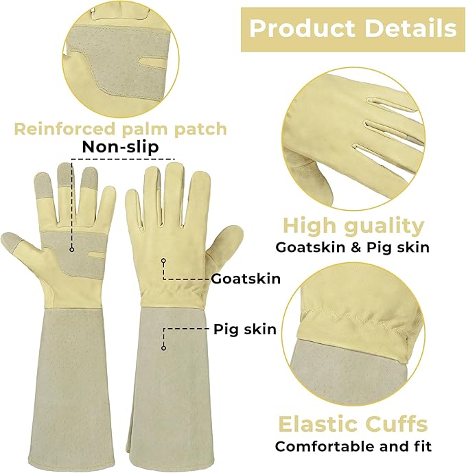 HLDD HANDLANDY Long Gardening Gloves for Women Men - Leather Rose Pruning Gloves Thorn Proof - Breathable Working Glove