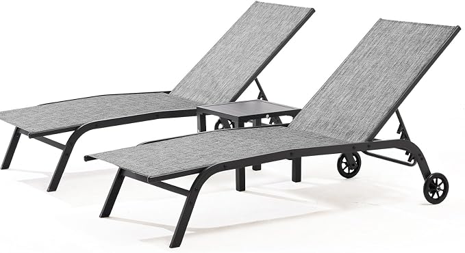 UDPATIO Chaise Lounge Outdoor Set of 3, Aluminum Lounge Chair, 5 Adjustable Position Backrest Pool Lounger with Wheels and Side Table for Patio Pool Patio (Grey)