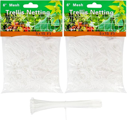Trellis Netting for Climbing Plants, 2 Pack 5x15 Ft Heavy Duty Garden Trellis Netting, Square Garden Mesh Outdoor Grow Net for Support Vine Vegetable Fruits and Flower with 50 Pcs Garden Ties