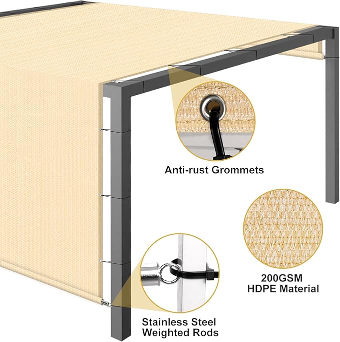 Shade&Beyond 10'x16' Pergola Shade Cover with Weighted Rods & Grommets, 90% UV Block Outdoor Sun Shade Cloth Canopy Replacement Cover for Patio Porch, Wheat
