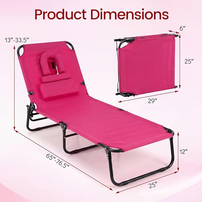 Giantex Tanning Chair, 350lbs Adjustable Patio Lounge Chair with Face Hole, Removable Pillows, Carry Strap, Folding, Outdoor Chaise Lounge for Layout Beach Poolside Lawn, Pink