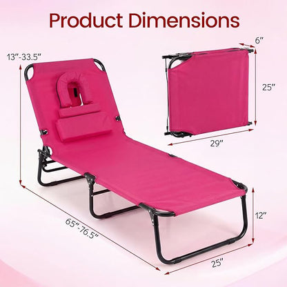 Giantex Tanning Chair, 350lbs Adjustable Patio Lounge Chair with Face Hole, Removable Pillows, Carry Strap, Folding, Outdoor Chaise Lounge for Layout Beach Poolside Lawn, Pink