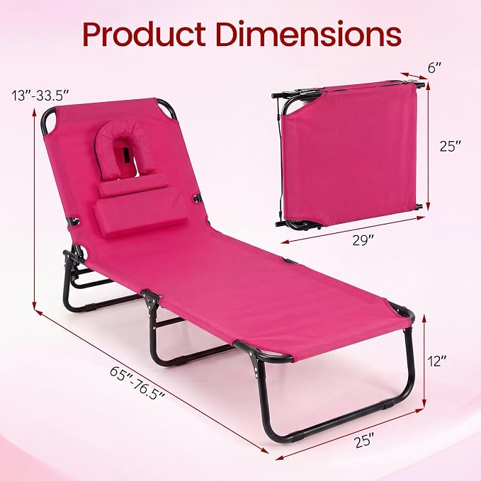 Giantex Folding Beach Tanning Chair - Adjustable Patio Lounge Chair w/Face Hole, Removable Pillows, Carry Strap, Layout Chair, Sunbathing Chaise Lounge Outdoor for Poolside Yard Lawn (2, Pink)