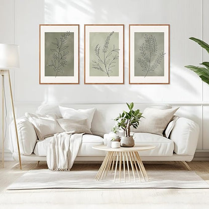 CHDITB Sage Green Botanical Framed Canvas Wall Art Set, Nature Line Art Wall Decor, Neutral Minimalist Floral Artwork, Boho Greenery Plant Flower Art Prints for Living Room, Bedroom, Office 24"x36"x3