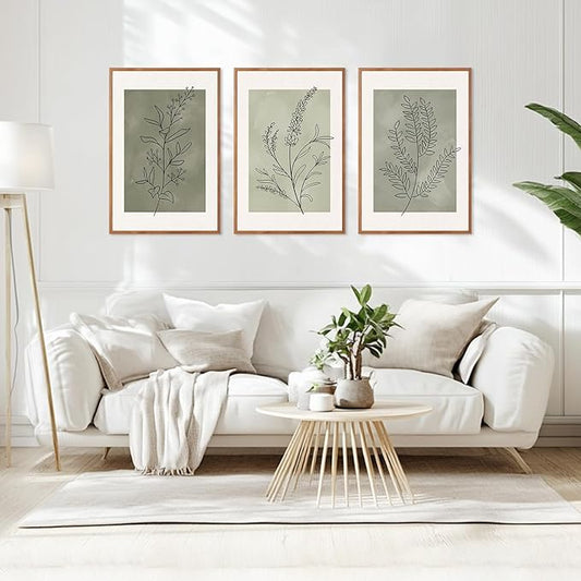 CHDITB Sage Green Botanical Framed Canvas Wall Art Set, Nature Line Art Wall Decor, Neutral Minimalist Floral Artwork, Boho Greenery Plant Flower Art Prints for Living Room, Bedroom, Office 24"x36"x3