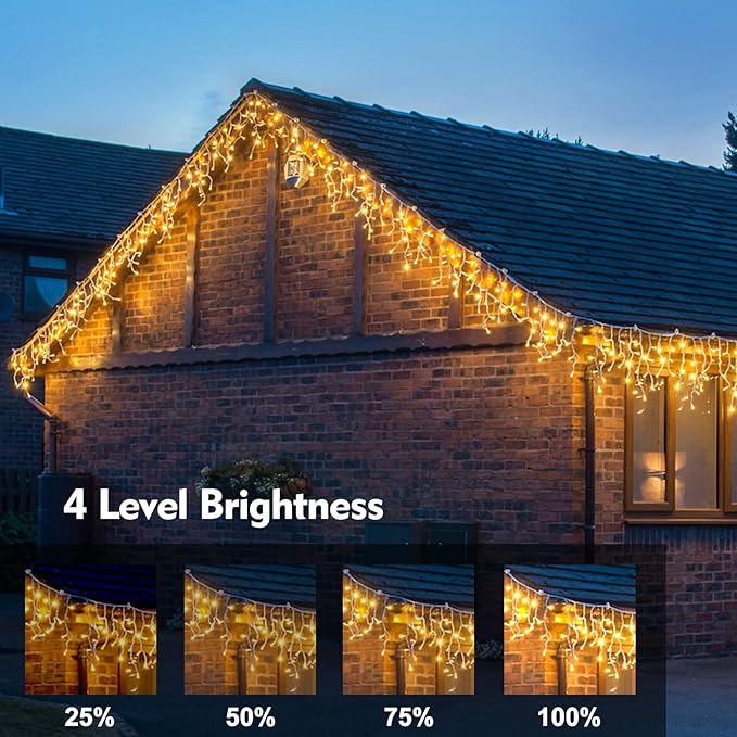Warm White Christmas Icicle String Lights - 65.6 FT with 120 Drops, 8 Light Modes for Outdoor Decorations - Wedding, Party and More