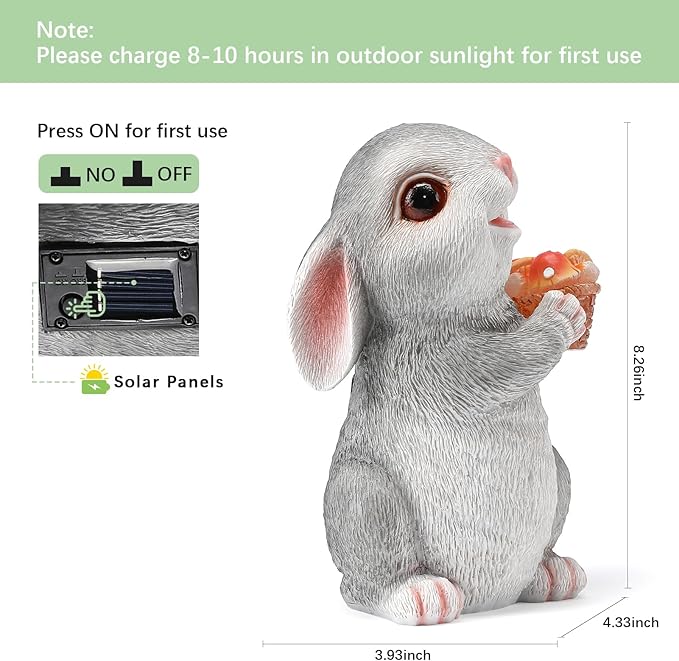 Solar Rabbit Garden Statues Outdoor Bunny Decor Resin Bunny Figurine Holding Mushroom with LED Lights for Porch Patio Lawn Yard Christmas Birthday Housewarming Gardening Gifts for Mom Grandma