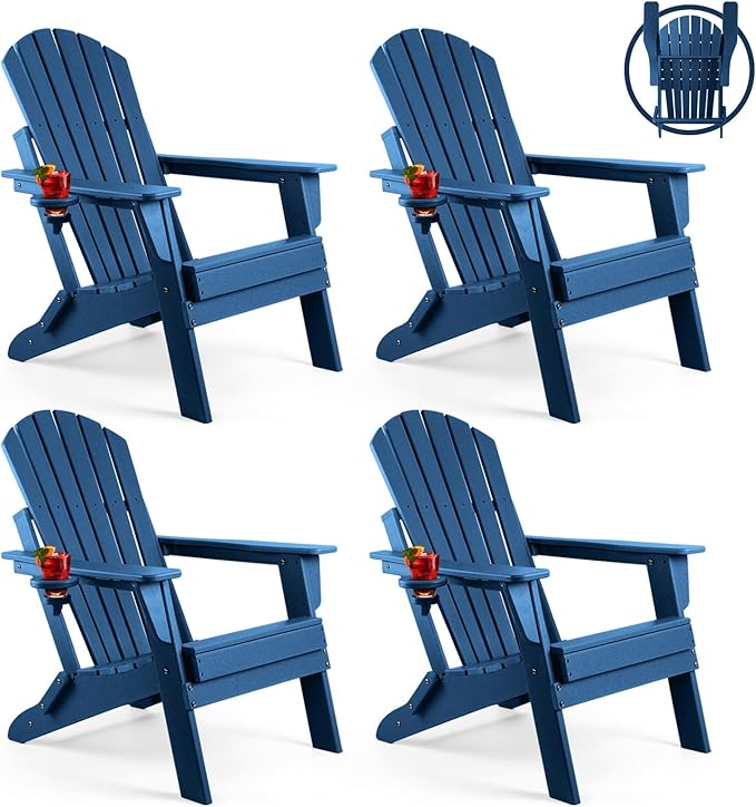 FUNBERRY Folding Adirondack Chair Set of 4, All Weather HDPE Fire Pit Chairs with Cup Holder for Outdoor