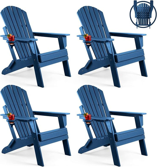 FUNBERRY Folding Adirondack Chair Set of 4, All Weather HDPE Fire Pit Chairs with Cup Holder for Outdoor