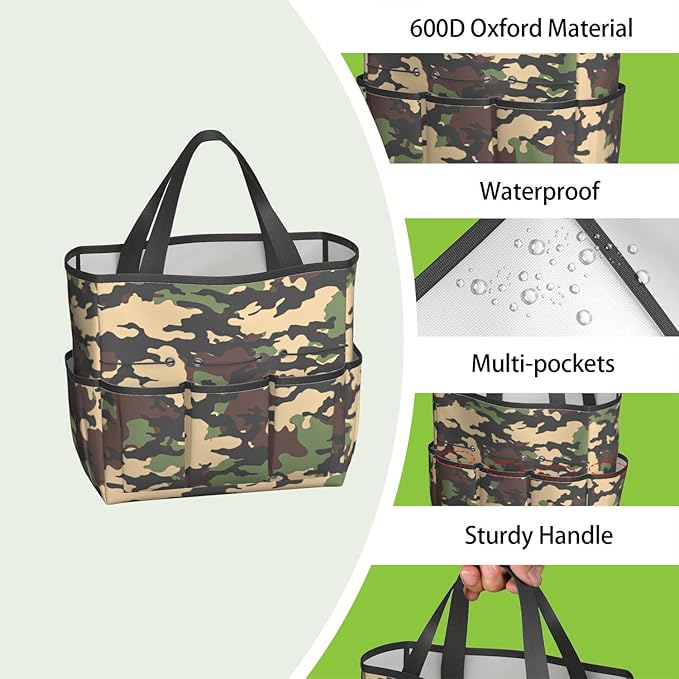 Green Camo Garden Tool Bag - Waterproof Garden Tote with 8 Pockets, Large Storage Home Organizer Gardening Tool Oxford Bag for Garden Tools Kits Holder, Ideal Outdoor Gardening Gift for Women & Men