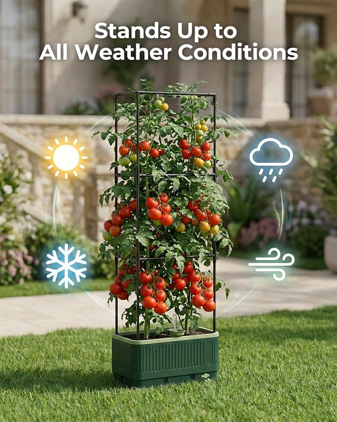 Raised Garden Bed Planter Box with Trellis, Self Watering Tomato Planters for Climbing Plants, Tomato Cage Trellis for Vegetables & Vine Flowers Indoor Outdoor Patio