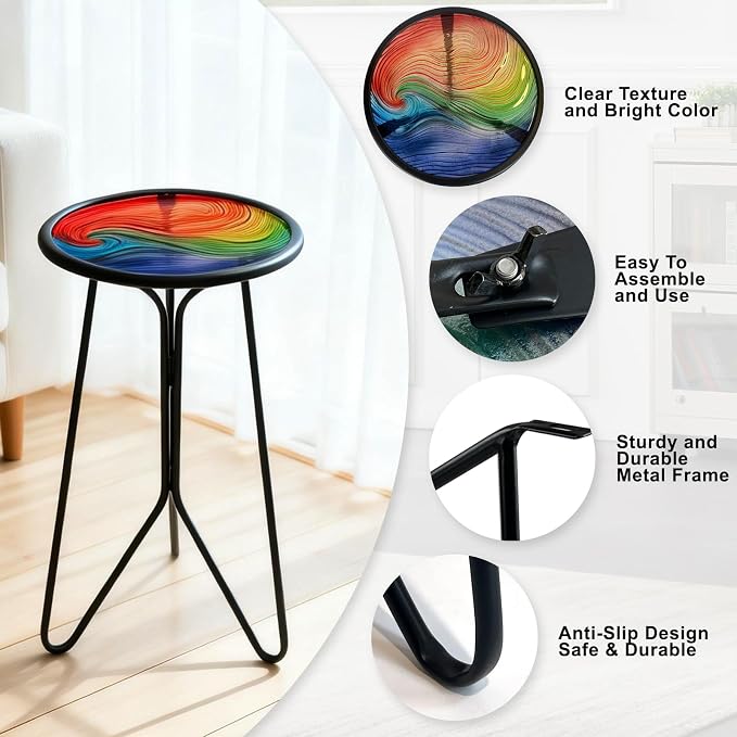 LIFFY Patio Side Tables,12" Outdoor Metal Side Table with Glass Tabletop,Indoor Small Round Decorative Plant Stand & Accent Table for Garden, Yard, Balcony, Backyard, Porch