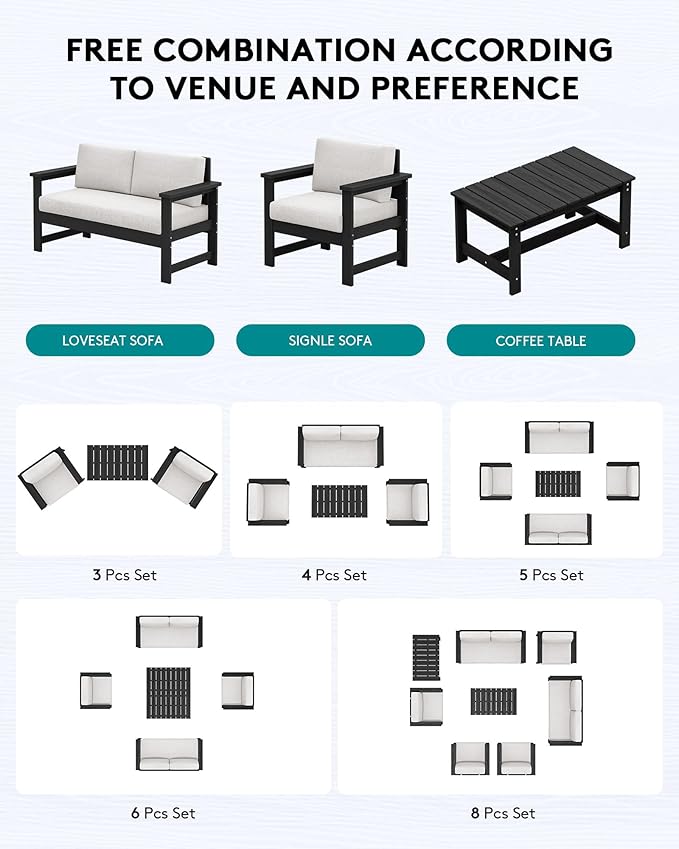 SERWALL 2 Pieces Single Cushioned Sofa Armchair, Black HDPE Adirondack Outdoor Sofa Lounge with Khaki Cushion