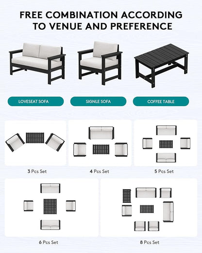 SERWALL 2 Pieces Single Cushioned Sofa Armchair, Black HDPE Adirondack Outdoor Sofa Lounge with Khaki Cushion