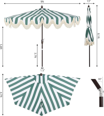 JONATHAN Y Half Umbrella UMB1201F Beverly 9 ft. Designer Classic Scalloped Fringe Market Patio with Crank, Push Button Tilt and UV Protection in Green/White