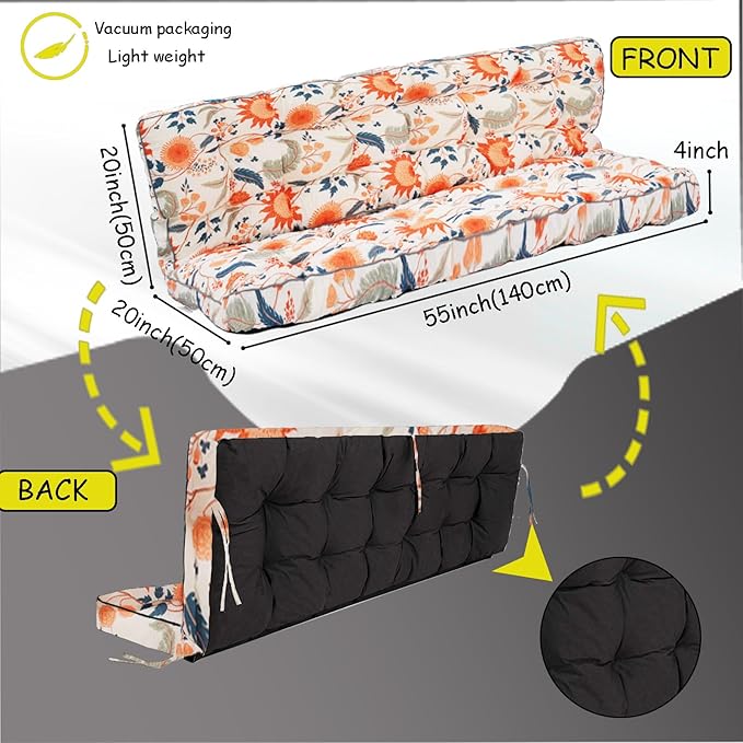 Porch Swing Cushion Three Seat, Waterproof Swing Cushions Replacement with Backrest, Outdoor Garden Furniture Patio 4" Thickened Cushions with Ties (‌Autumn Warmth‌, 40 x 63in)