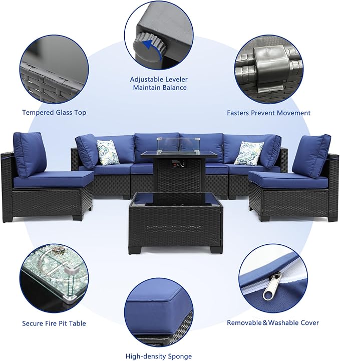 8 Pieces Patio Furniture Set with 28" Fire Pit Table, Wicker Outdoor Sectional Couch, Rattan Conversation Set for Backyard, Deck, Garden Lawn, Coffee/Blue