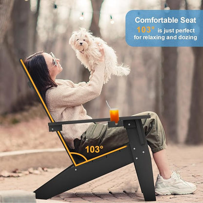 MXIMU Modern Adirondack Chairs Set of 2 Weather Resistant with Cup Holder Oversize Plastic Fire Pit Chairs Adorondic Plastic Outdoor Chairs for Firepit Area Seating (Black)