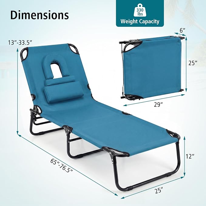 GYMAX Tanning Chair, 330lbs Beach Lounge Chair with Face Hole, Washable Pillow & Carry Strap, Adjustable Folding Chaise Lounge, Layout Lounger for Outside, Patio, Poolside, Lawn (2, Blue)