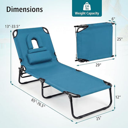 GYMAX Tanning Chair, Folding Lounge Chairs with Face Hole & Cover, Removable Pillow Carry Handle, Portable Compact Outdoor Layout Recliner for Beach, Poolside, Lawn, Patio, Camping (Blue,1)