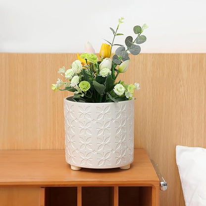 8 Inch Planter, Plant Pots with Drainage Hole, Modern Cylinder Flowerpot - Indoor & Outdoor Plants for Home & Office,White