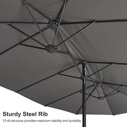 PURPLE LEAF 15ft Patio Market Umbrella with Base Double-Sided Rectangle Outdoor Table Sun Umbrellas with Crank 12 Heavy Duty Sturdy Ribs for Pool Beach Deck Backyard Gray