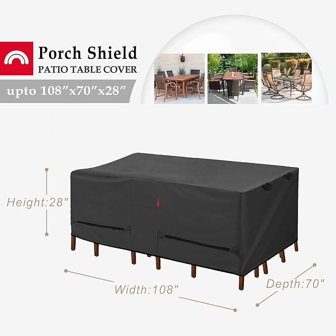 Porch Shield Patio Table Cover - Waterproof Outdoor Dining Table and Chairs Furniture Set Cover Rectangular - 108 x 70 inch, Black
