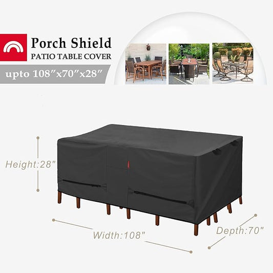 Porch Shield Patio Table Cover - Waterproof Outdoor Dining Table and Chairs Furniture Set Cover Rectangular - 108 x 70 inch, Black