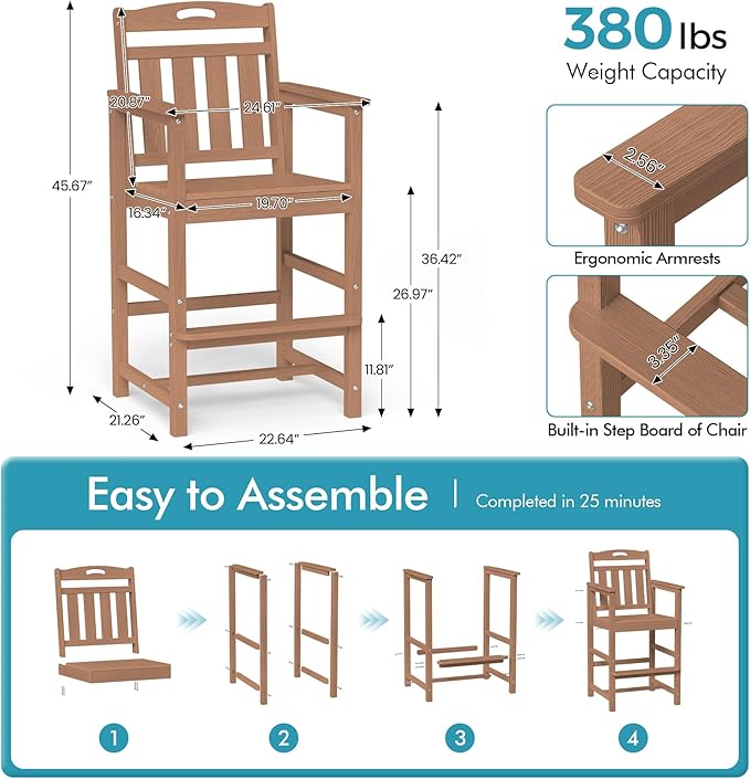 Ciokea Oversized Tall Bar Chair, HDPE Adirondack Outdoor Bar Chair with Footrest, All-Weather Barstool with High Back for Balcony, Bistro, Porch, Deck, Pool, Backyard, Teak