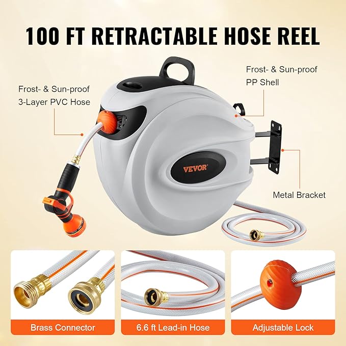 VEVOR Retractable Hose Reel, 100 ft x 1/2 inch, Garden Water Hose Reel with 9-Pattern Nozzle, 180° Swivel Bracket Wall-Mounted, Automatic Rewind, Lock at Any Length, with Slow Return System